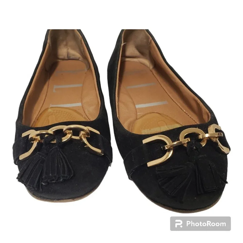 ELLE Belle Black Faux Suede sz 7 Women's Buckle Tassel Accent Ballet Flat
